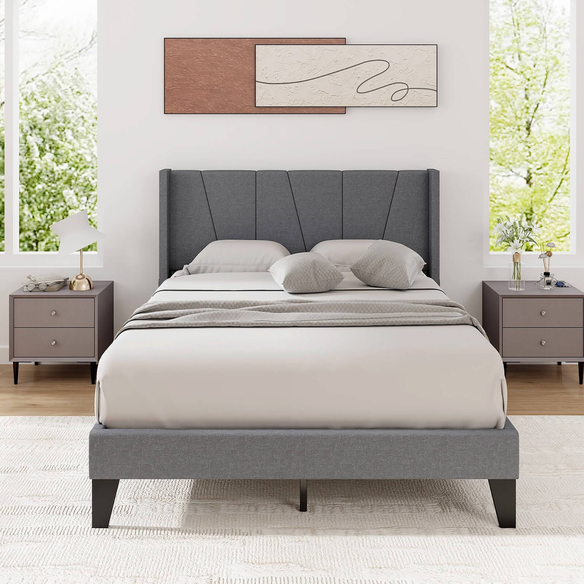 Alt View 3. Gymax - Gymax Full Size Upholstered Bed Frame w/ Elastic Pockets Mattress Foundation Gray - Gray.