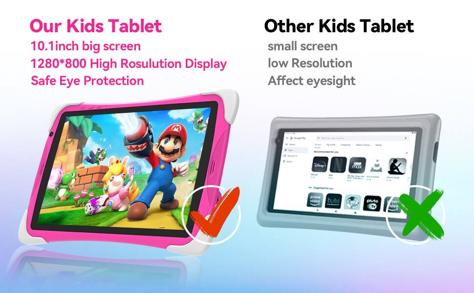 Our Kids Tablet  
10.1inch big screen  
1280*800 High Resolution Display  
Safe Eye Protection  

Other Kids Tablet  
small screen  
low Resolution  
Affect eyesight  

M Diny prime video tubi HO max pluto tv ideo X