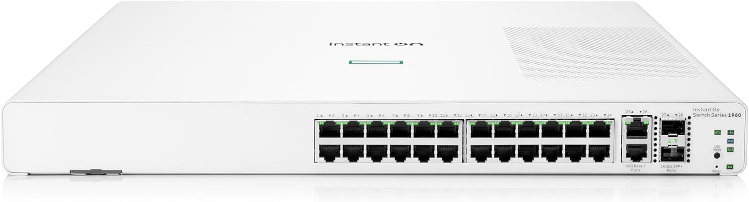 Instant On Switch Series 1960
100 Base-T Ports: 1-24
10G SFP+ Ports: 25-28