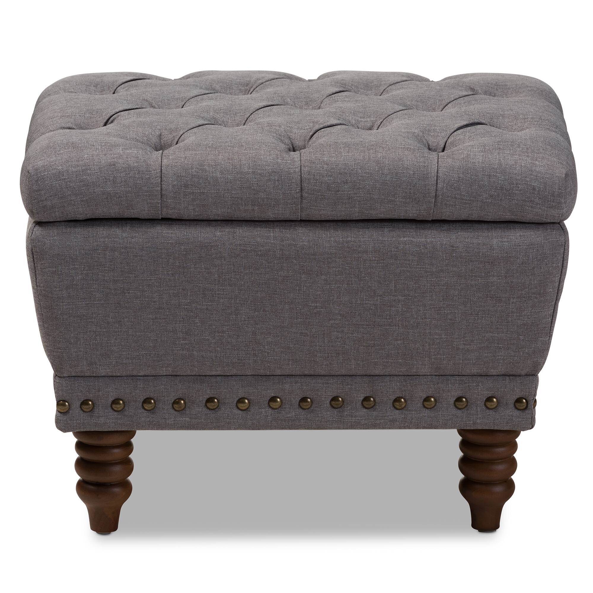 Angle. Baxton Studio - Annabelle Modern and Contemporary Fabric Upholstered Walnut Wood Finished Button-Tufted Storage Ottoman - Light Grey.