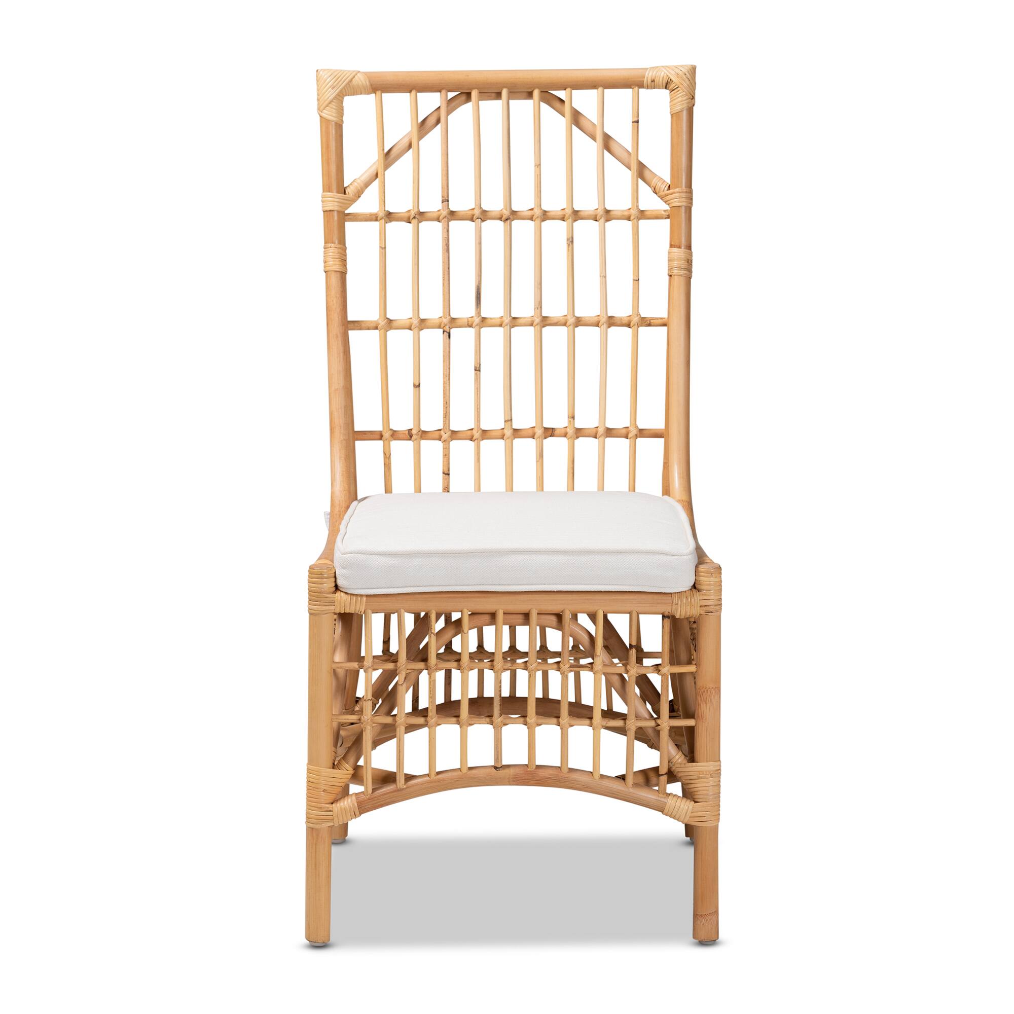 Angle. bali & pari - Rose Modern Bohemian Fabric Upholstered and Rattan Dining Chair - White/Natural Brown.