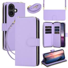 Dteck - Crossbody Wallet Case for Apple iPhone 16, Shockproof Zipper Pocket PU Leather Folio Cover with 9 Card Slots - Purple