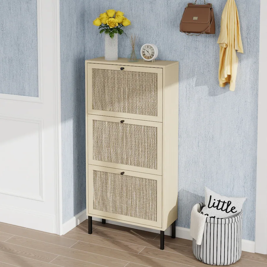 Loheer Rattan 3 Door Shoe Rack, Freestanding Modern Shoe Storage ...