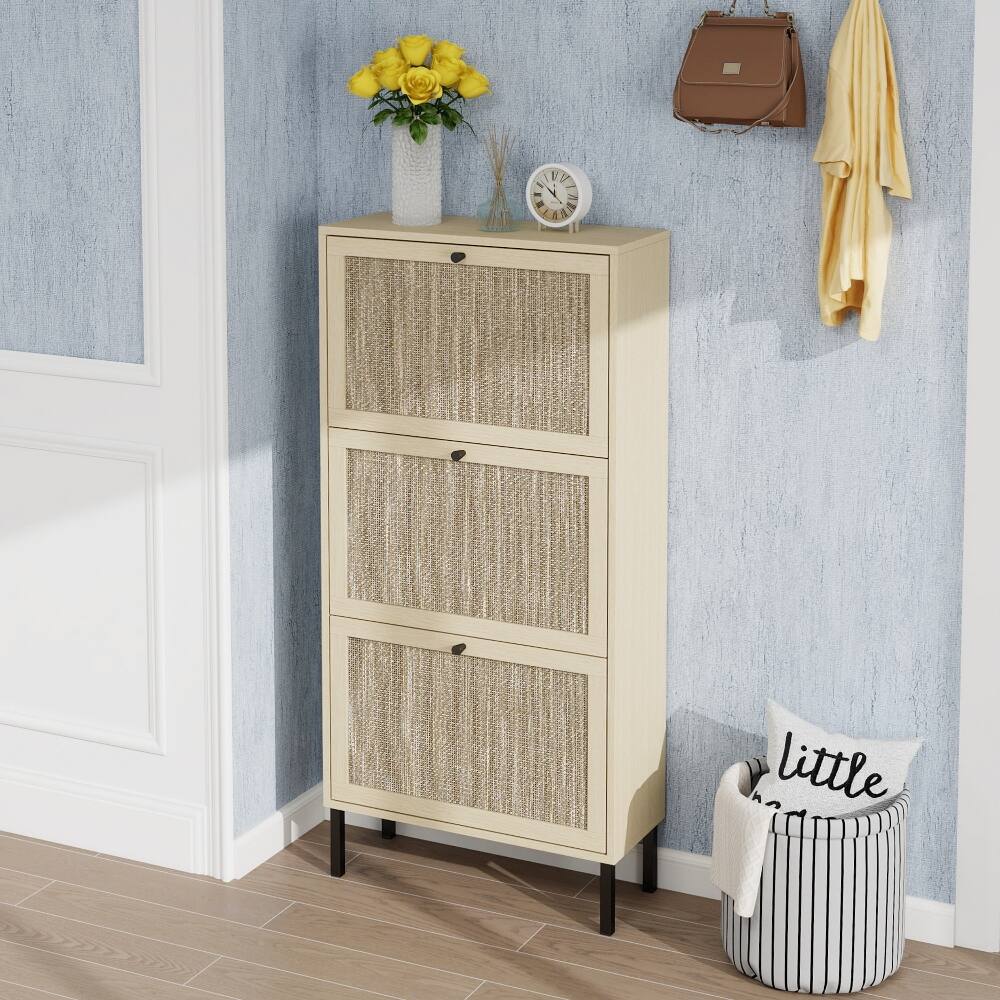Loheer Rattan 3 Door Shoe Rack, Freestanding Modern Shoe Storage ...