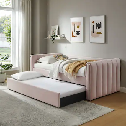 Front. Modway - Veyla Channel Tufted Performance Velvet Twin Daybed With Trundle by Modway - Pink.