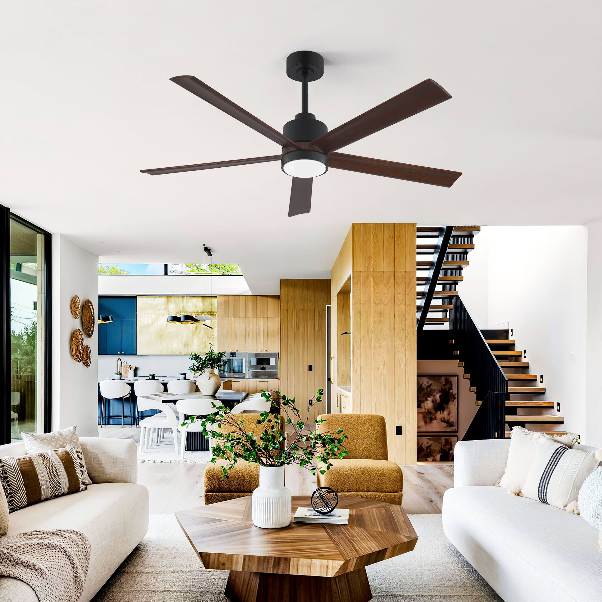 Back. Breezary - 52" Smart LED Ceiling Fan with Light, Remote & APP Control, 6-Speed, 1/4/8H Timer, 5 Wood Blades, DC Motor - Matte Black.