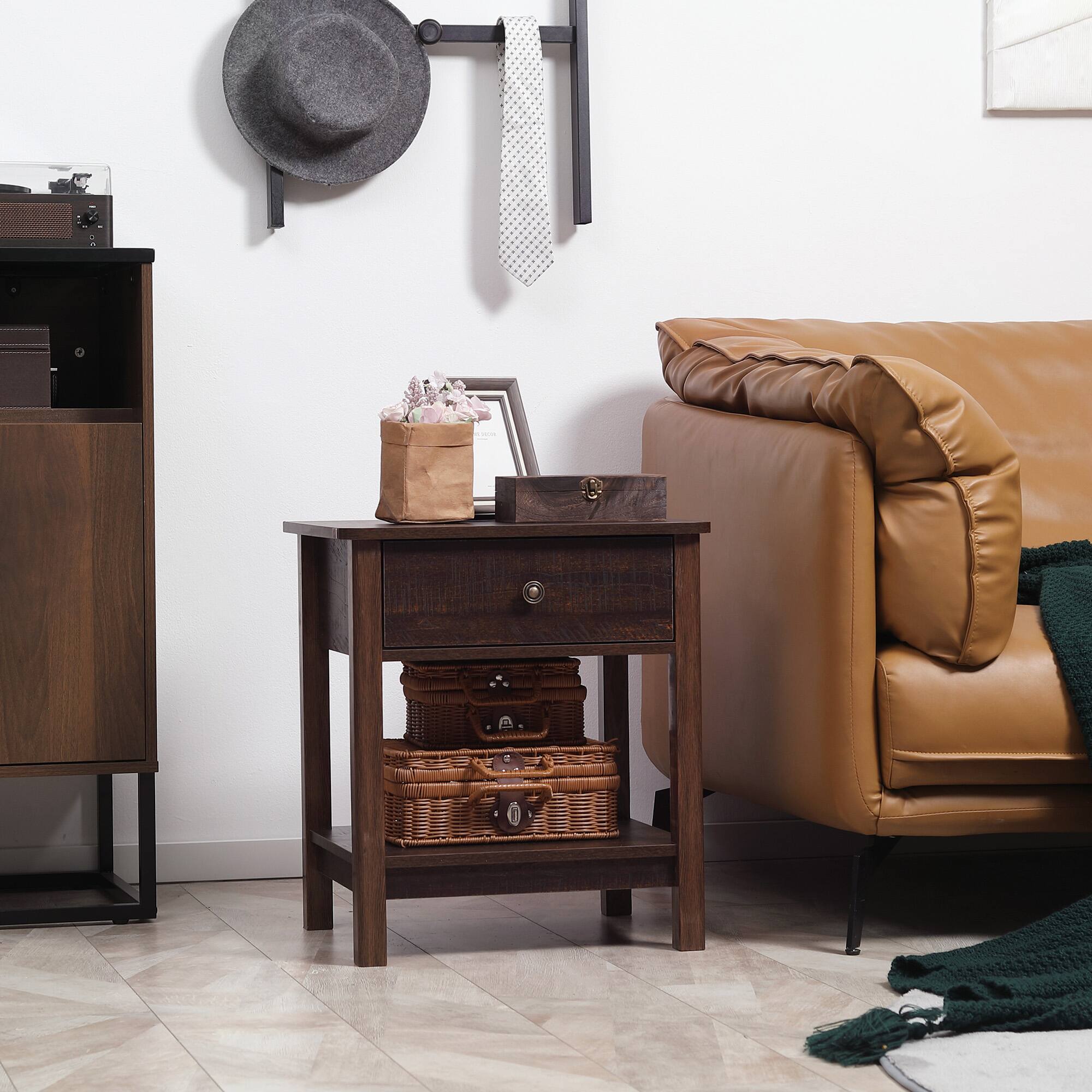 Alt View 4. Homcom - End Table with Drawer, Side Table with Top and Bottom Shelf for Small Spaces - Bronze.