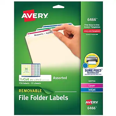 AVERY
6466
Free Easy-to-Use Avery Templates
avery.com/templates
30 SURE FEED TECHNOLOGY
1/3 Cut Assorted (3716)
750 labels - 25 sheets
REMOVABLE File Folder Labels
Laser Inkjet
Reports - April
AVERY
6466