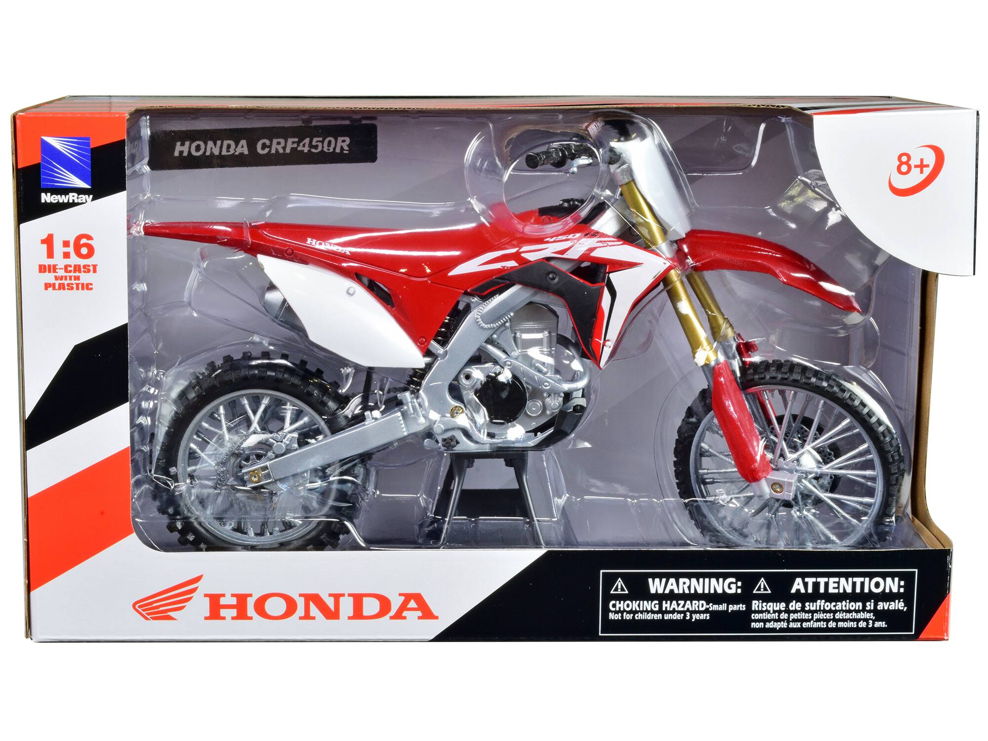 NewRay  
HONDA CRF450R  
1:6 DIE-CAST WITH PLASTIC  

WARNING: ATTENTION:  
CHOKING HAZARD-Small parts  
Risque de suffocation si avalé,  
Not for children under 3 years  
contient de petites pièces détachables,  
non adapté aux enfants de moins de 3 ans.  

8+