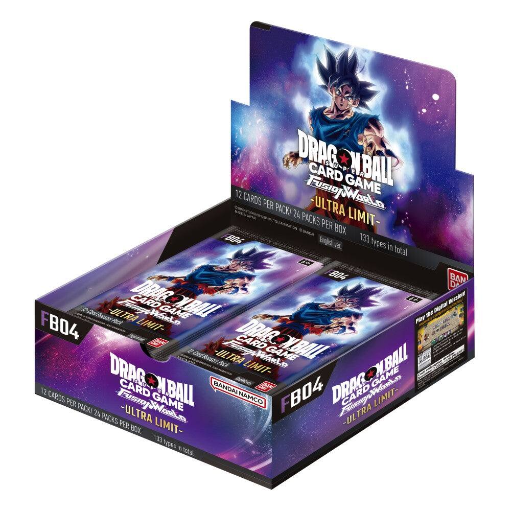 DRAGON BALL CARD GAME  
FUSION WORLD  
-ULTRA LIMIT-  

12 CARDS PER PACK / 24 PACKS PER BOX  
133 types in total  

BANDAI  
English ver.  

F04  

BANDAI NAMCO  

Play the Digital Version!  

12 CARDS PER PACK / 24 PACKS PER BOX  
133 types in total  

BANDAI NAMCO  

F04  

BANDAI NAMCO  

12 CARDS PER PACK / 24 PACKS PER BOX  
133 types in total  

BANDAI NAMCO  

F04  

BANDAI NAMCO  

12 CARDS PER PACK / 24 PACKS PER BOX  
133 types in total  

BANDAI NAMCO  

F04  

BANDAI NAMCO  

12 CARDS PER PACK / 24 PACKS PER BOX  
133 types in total  

BANDAI NAMCO  

F04  

BANDAI NAMCO  

12 CARDS PER PACK / 24 PACKS PER BOX  
133 types in total  

BANDAI NAMCO  

F04