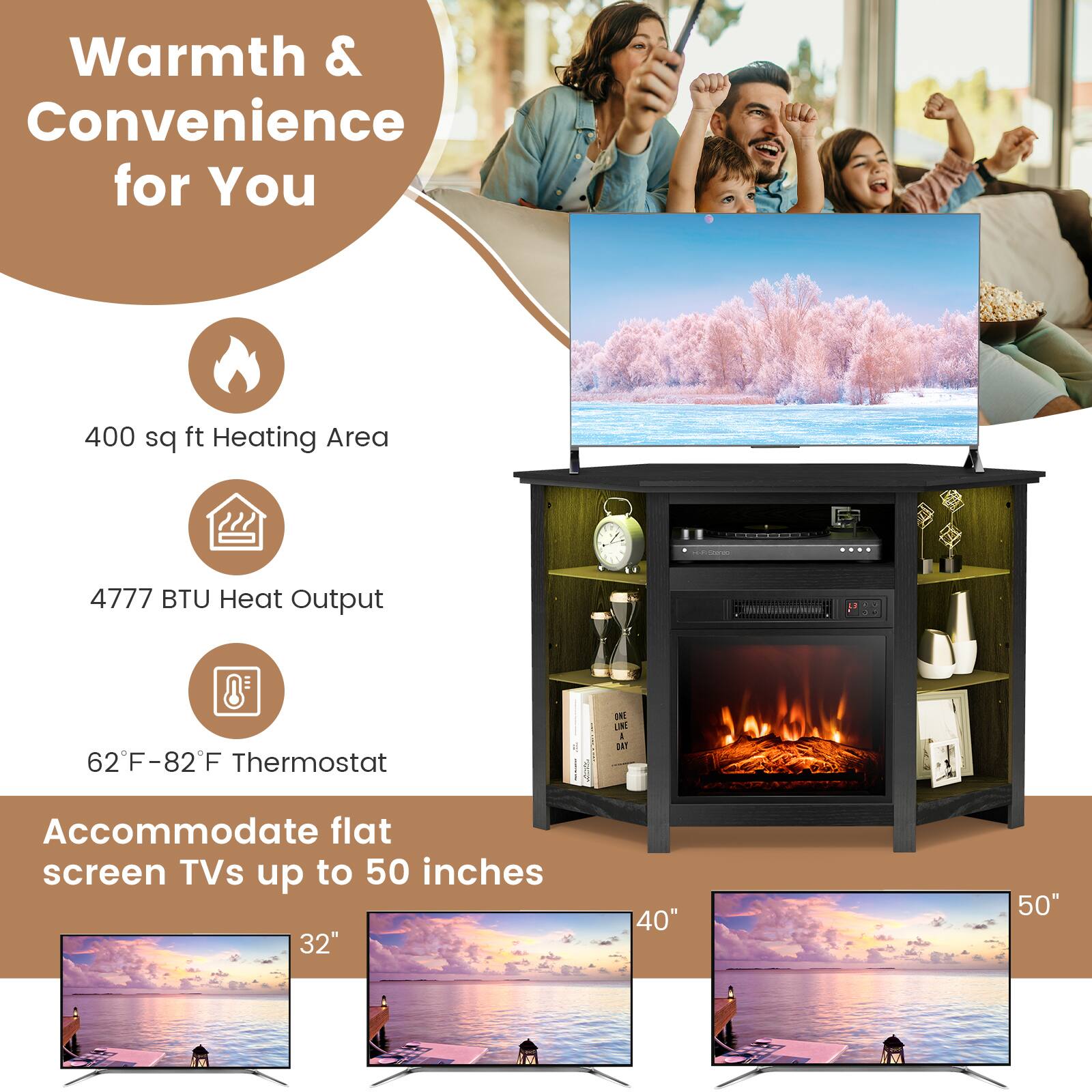 Warmth & Convenience for You: 400 sq ft Heating Area - 4777 BTU Heat Output - 62F-82F Thermostat ON N - DAT Accommodate flat screen TVs up to 50 inches - 32" - 40" - 50"