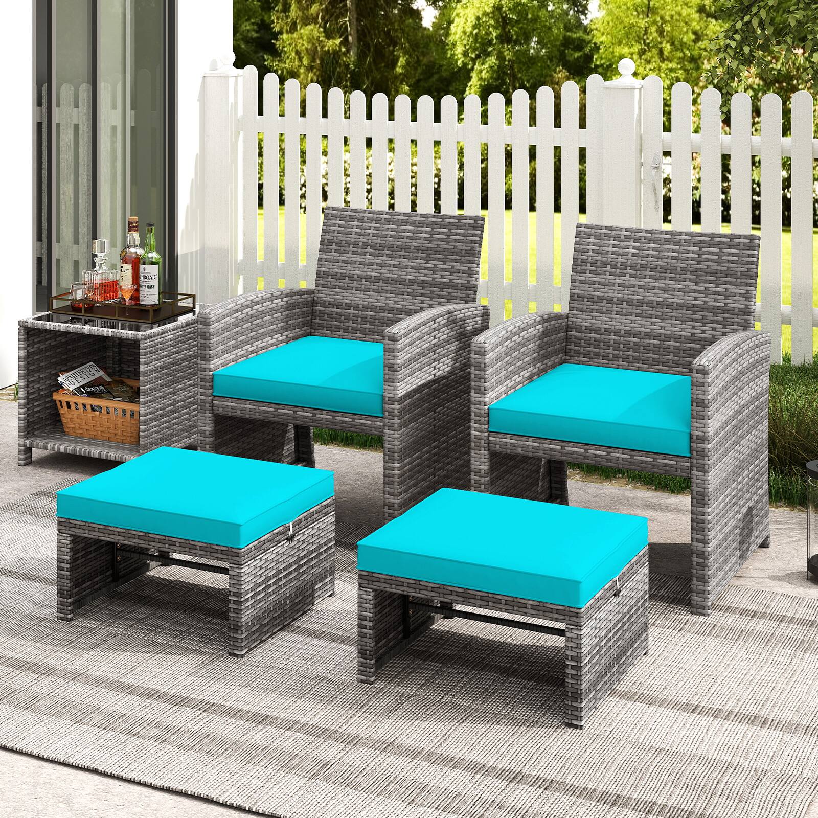 Alt View 8. Gymax - Gymax 2 Pieces Patio PE Rattan Ottomans with Soft Zippered Cushions for Deck Turquoise - Turquoise.