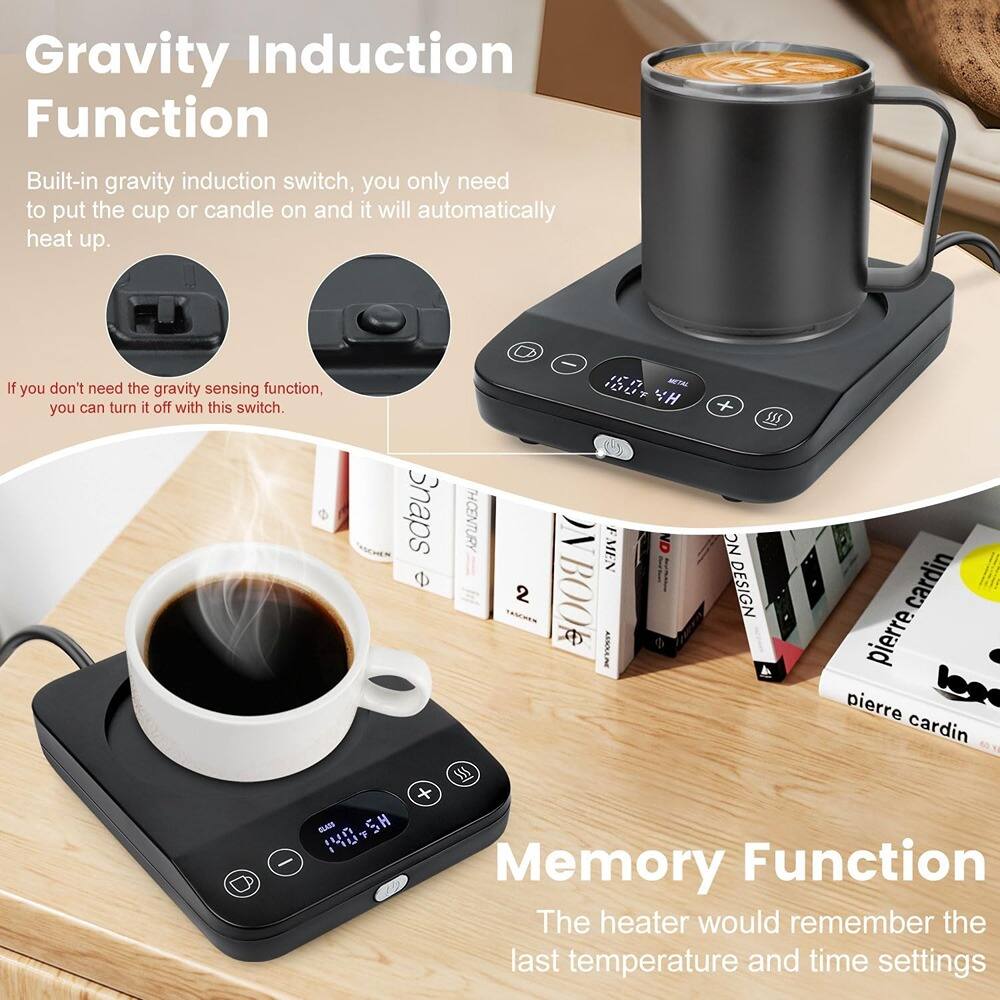 **Gravity Induction Function**

Built-in gravity induction switch, you only need to put the cup or candle on and it will automatically heat up.

If you don't need the gravity sensing function, you can turn it off with this switch.

**Memory Function**

The heater would remember the last temperature and time settings.