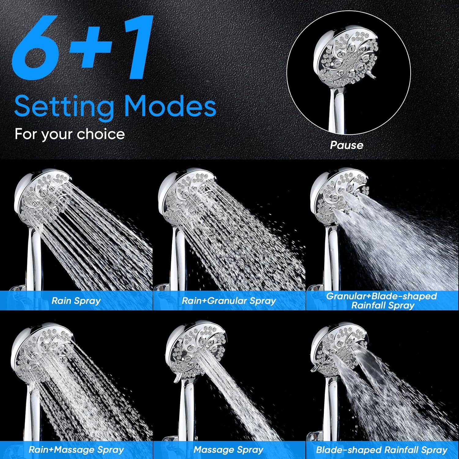 6+1 Setting Modes For your choice

- Pause
- Rain Spray
- Rain+Granular Spray
- Granular+Blade-shaped Rainfall Spray
- Rain+Massage Spray
- Massage Spray
- Blade-shaped Rainfall Spray