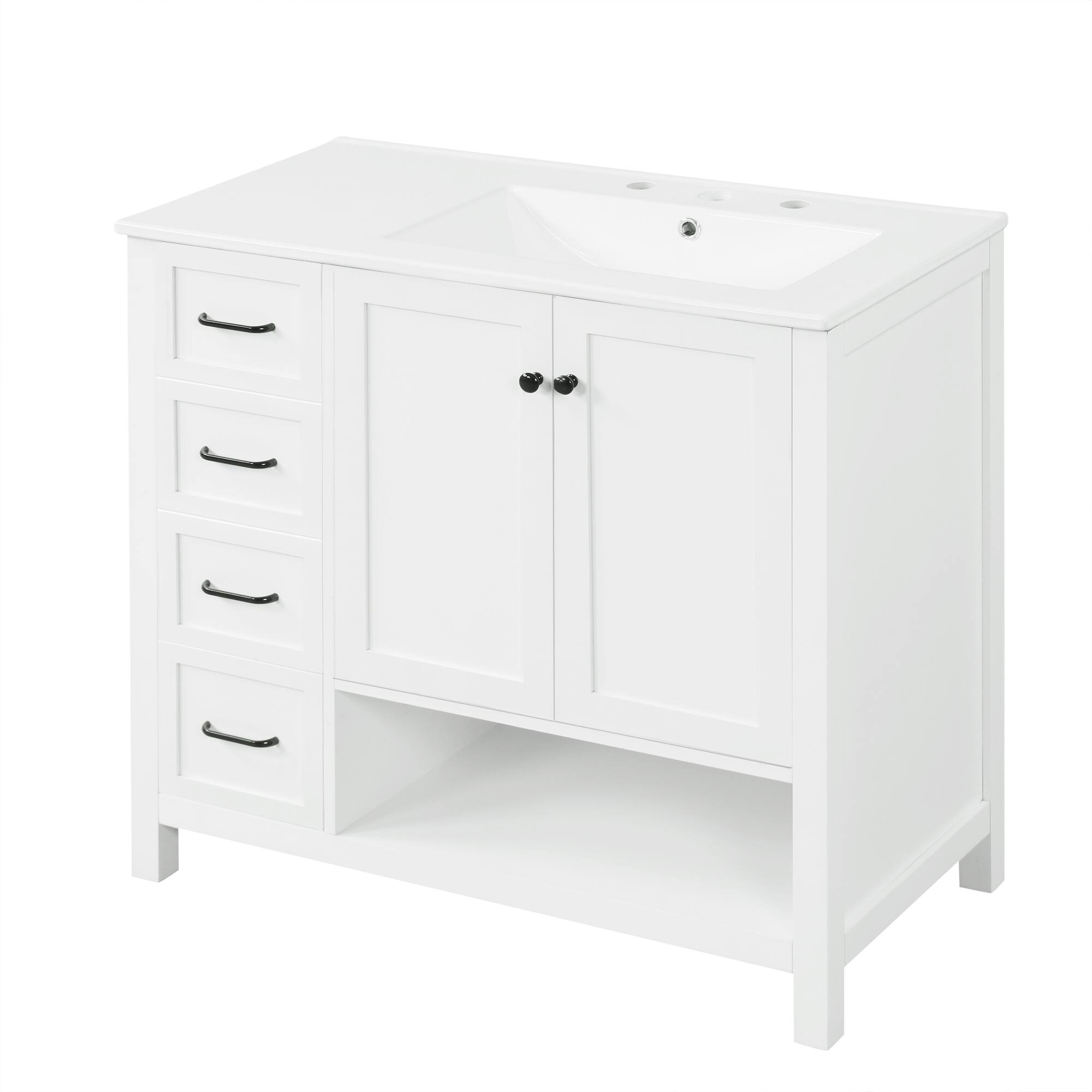 Left. Whisen - 36 Inch Bathroom Vanity with Right Side Ceramic Sink Combo and Single Open Shelf Storage Cabinet - White.