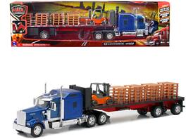 New Ray - Kenworth W900 Truck with Flatbed Trailer with Forklift and Pallets "Long Haul Truckers" Series 1/32 - Blue