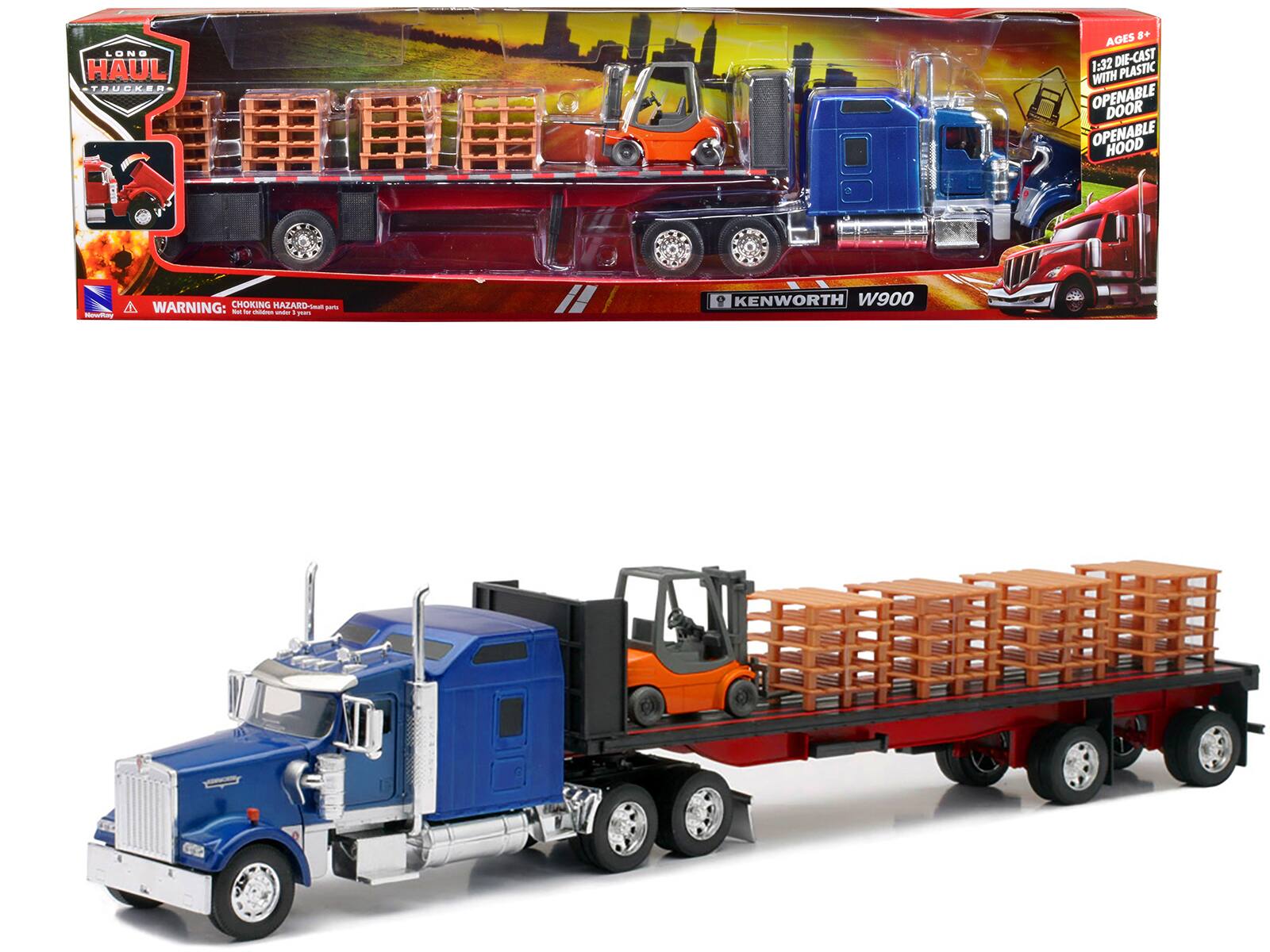 LONG HAUL TRUCKERS  
KENWORTH W900  

AGES 8+  
1:32 DIE-CAST WITH PLASTIC  
OPENABLE DOOR  
OPENABLE HOOD  

WARNING: CHOKING HAZARD - Small parts. Not for children under 3 years.