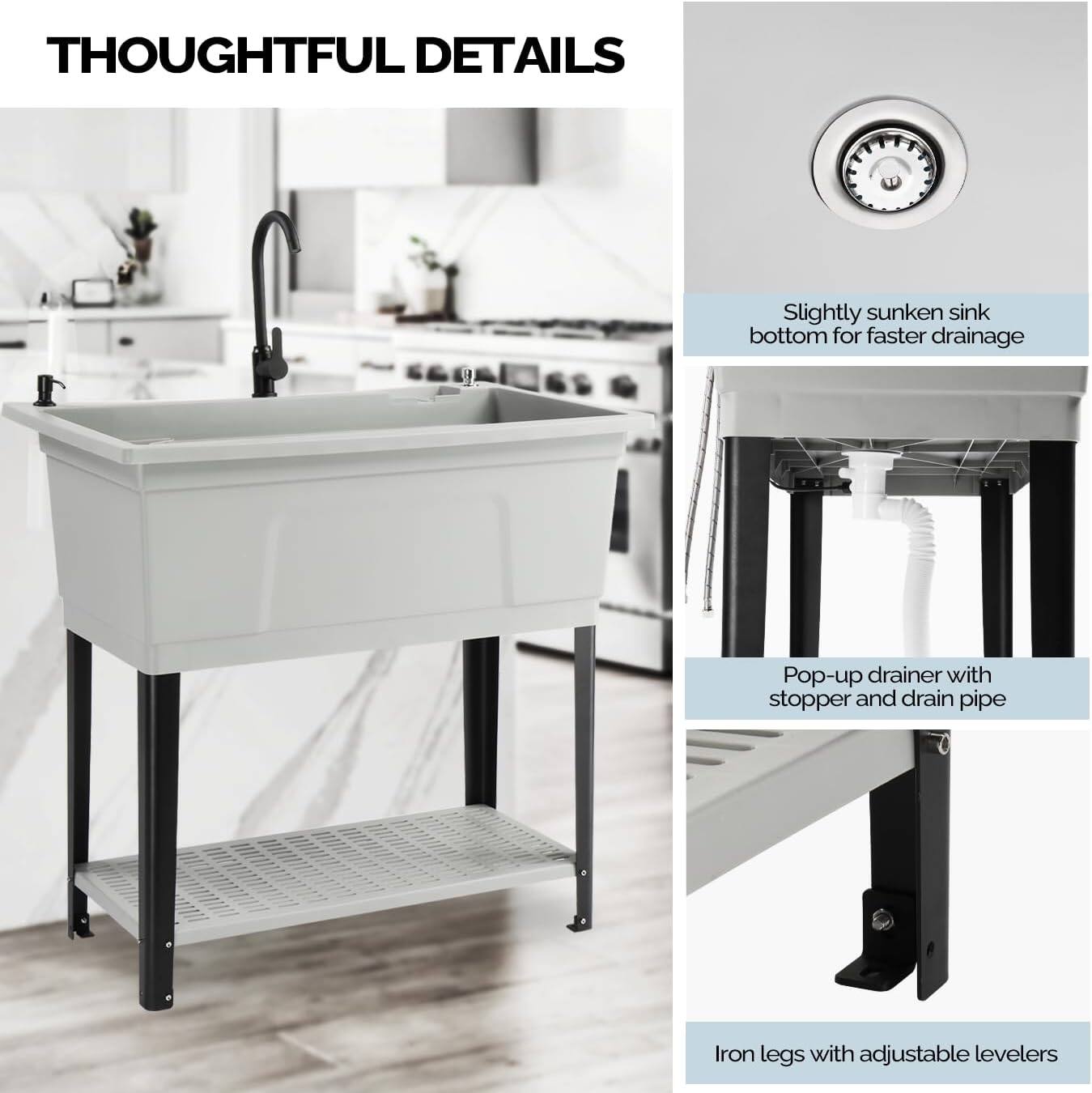 THOUGHTFUL DETAILS

- Slightly sunken sink bottom for faster drainage
- Pop-up drainer with stopper and drain pipe
- Iron legs with adjustable levelers