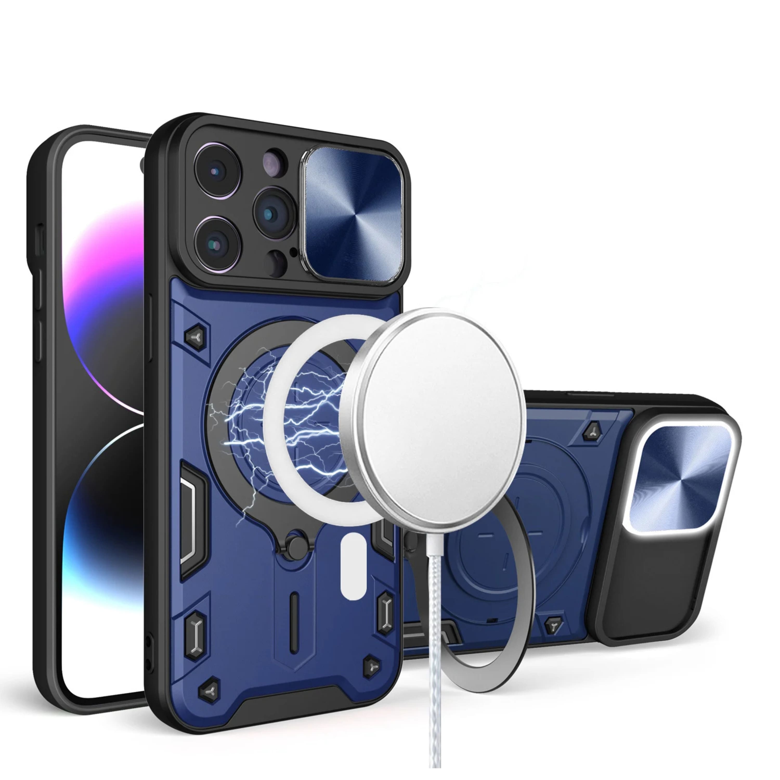 Kitcheniva - Magnetic Circle Stand Case With Lens Protection And 2 Tempered Glass For iPhone 15 - Blue price history on PriceWatchPro