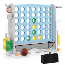 Costway - Giant 4-IN-A-ROW Game Set with Ring-toss, Basketball Hoop, Cup Holders, Storage bag - Gray & Light Blue