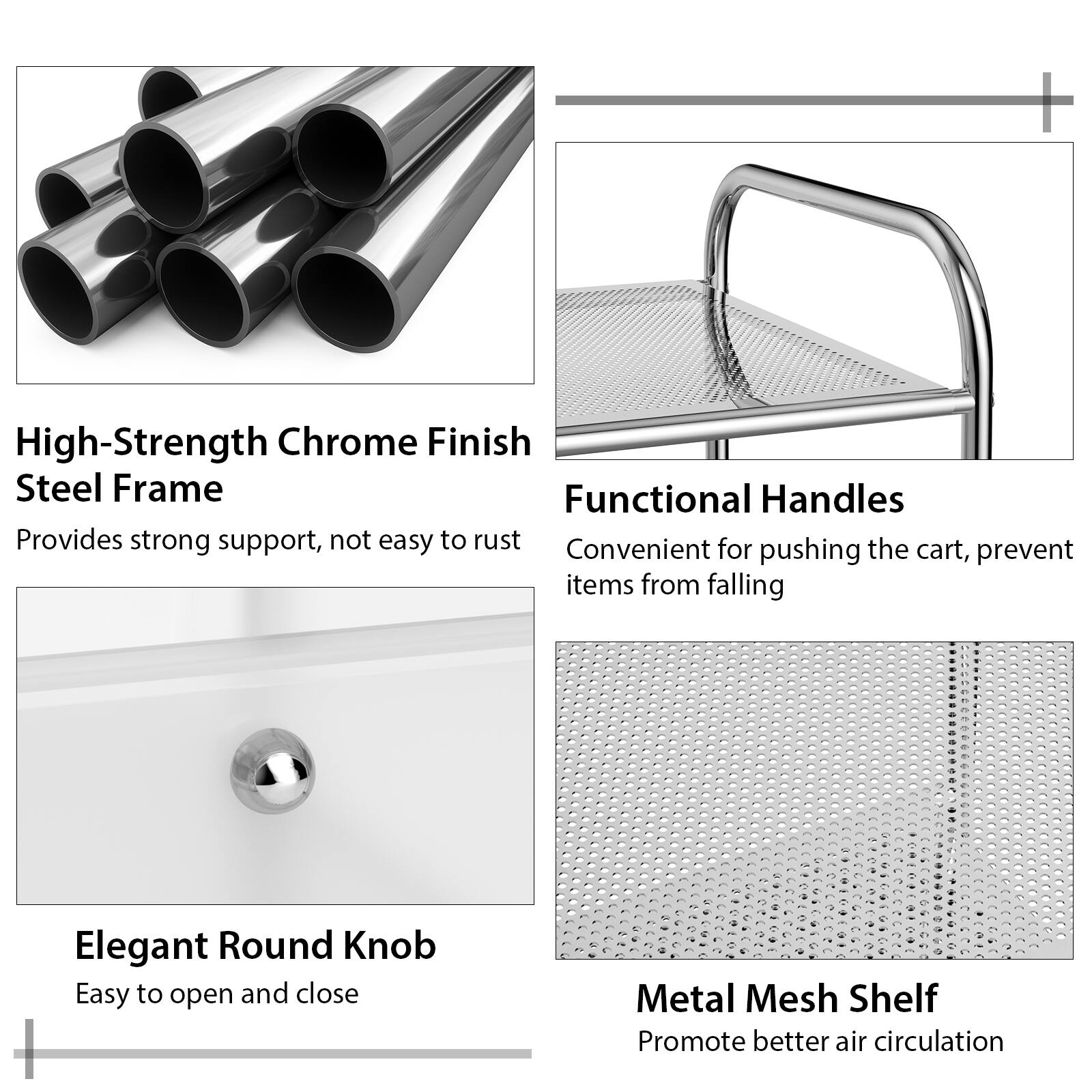 The text on the image is grouped and corrected as follows:

1. High-Strength Chrome Finish Steel Frame: Provides strong support, not easy to rust.
2. Functional Handles: Convenient for pushing the cart, prevent items from falling.
3. Elegant Round Knob: Easy to open and close.
4. Metal Mesh Shelf: Promote better air circulation.