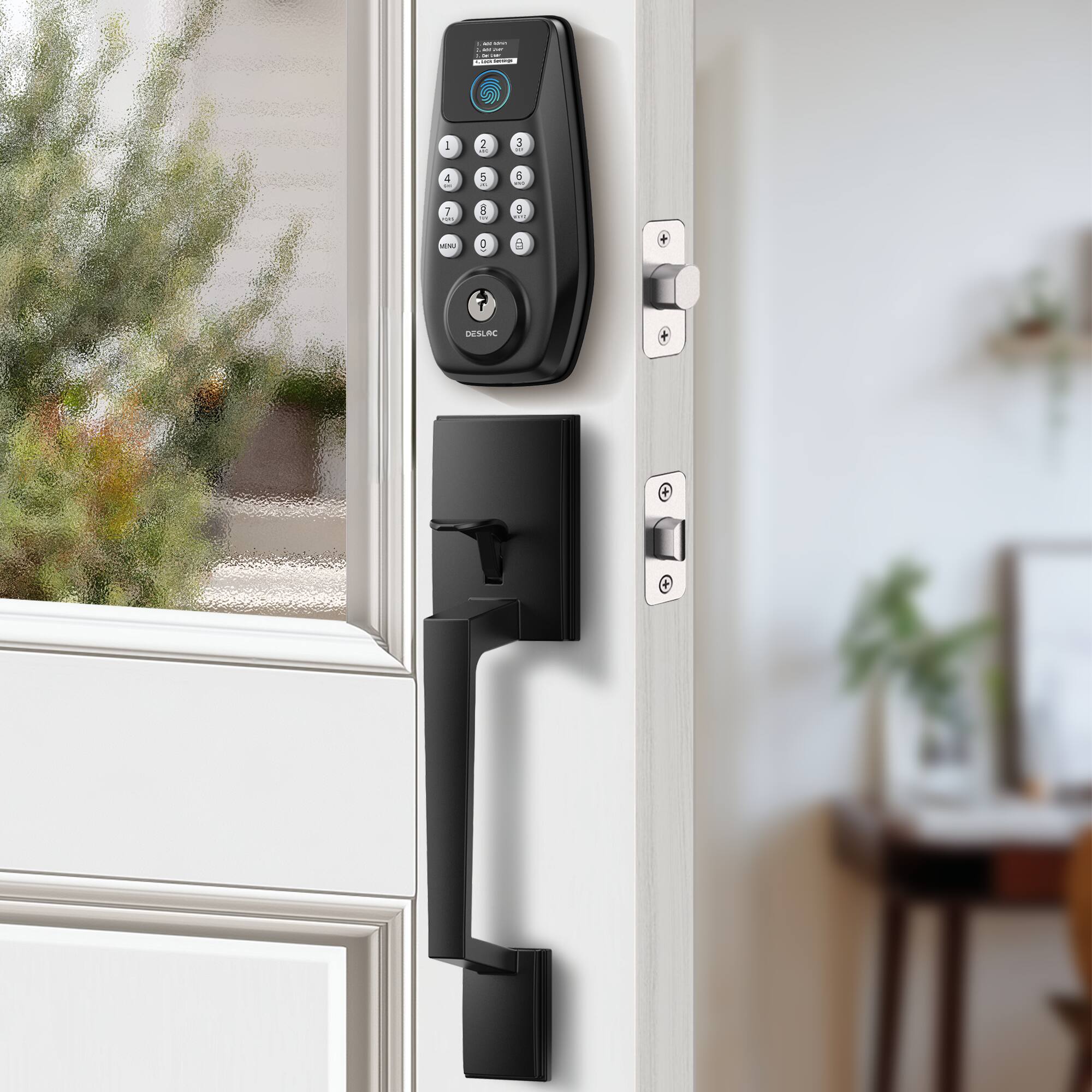 Angle. DESLOC - C100 Smart Door Lock with Visible Display and Fingerprint, Smart Keypad Deadbolt with Handle for Front Door - Black.