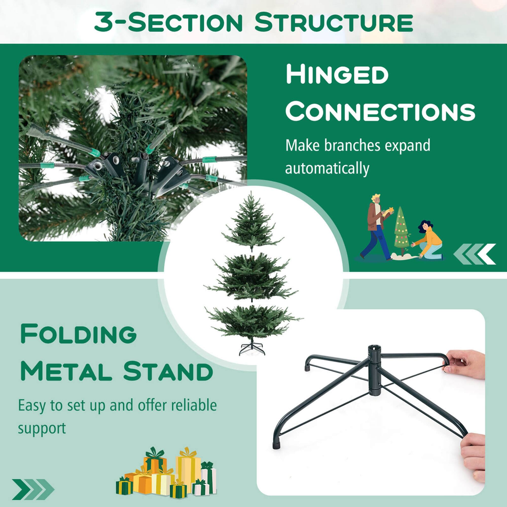 3-SECTION STRUCTURE

HINGED CONNECTIONS
Make branches expand automatically

FOLDING METAL STAND
Easy to set up and offer reliable support