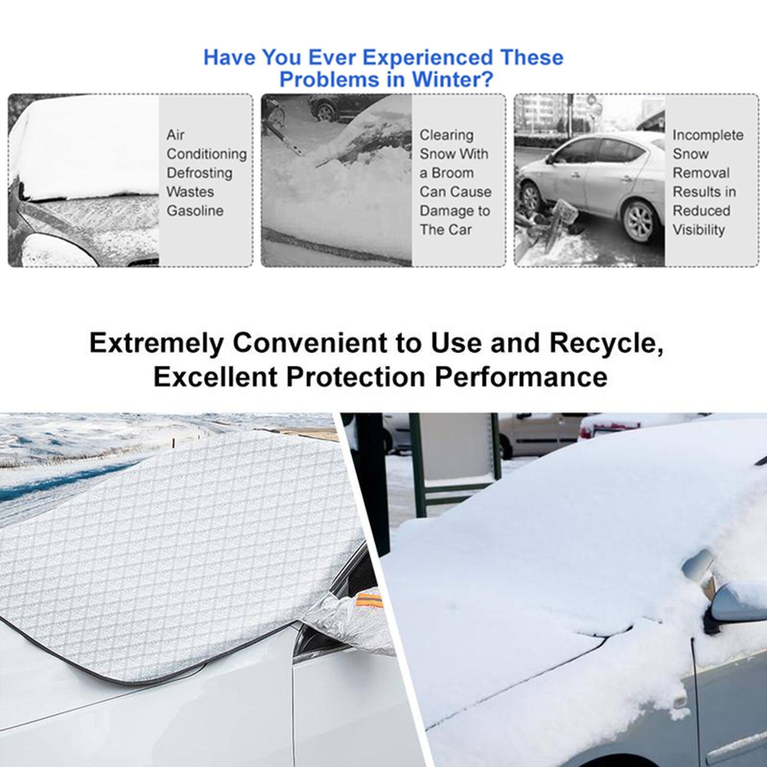 Have You Ever Experienced These Problems in Winter?

- Air Conditioning Defrosting Wastes Gasoline
- Clearing Snow With a Broom Can Cause Damage to The Car
- Incomplete Snow Removal Results in Reduced Visibility

Extremely Convenient to Use and Recycle, Excellent Protection Performance