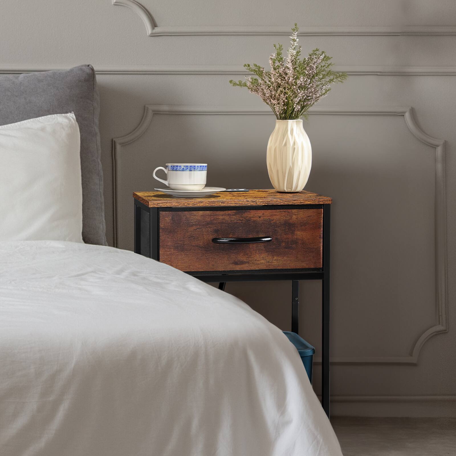 Alt View 2. Oumilen - Industrial Nightstand with Charging Station, 1 Fabric Drawer End Table with 2 AC Outlets & 2 USB Ports - Brown.