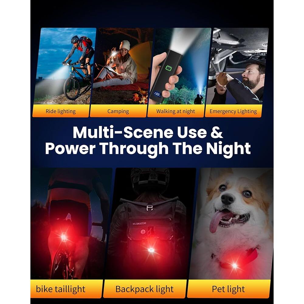 Multi-Scene Use & Power Through The Night

- Ride lighting
- Camping
- Walking at night
- Emergency Lighting
- bike taillight
- Backpack light
- Pet light