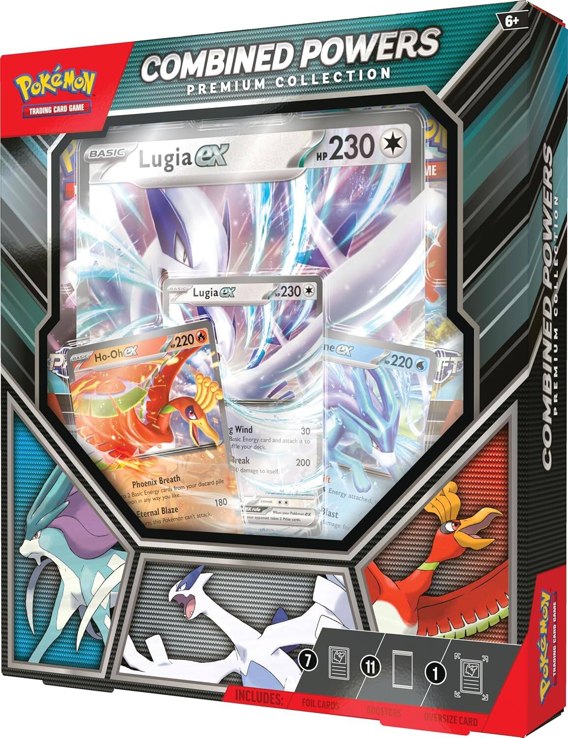 **Pokémon Trading Card Game**

**Combined Powers Premium Collection**

**Basic Lugia EX**  
HP 230

**Basic Ho-Oh EX**  
HP 220

**Basic Energy Cards:**
- 2 Basic Energy cards (any type you like)
- 1 Basic Energy card (any type you like)

**Attacks:**
- **Lugia EX:**
  - **Wind** (30 damage)
  - **Break** (200 damage)

- **Ho-Oh EX:**
  - **Phoenix Breath** (Discard cards from your discard pile to deal 180 damage to yourself)
  - **Eternal Blaze** (This Pokémon can't attack)

**Other Cards:**
- 7 Foil Cards
- 11 Boosters
- 1 Oversize Card

**Includes:**
- Foil Cards
- Boosters
- Oversize Card

**Age Recommendation: 6+**