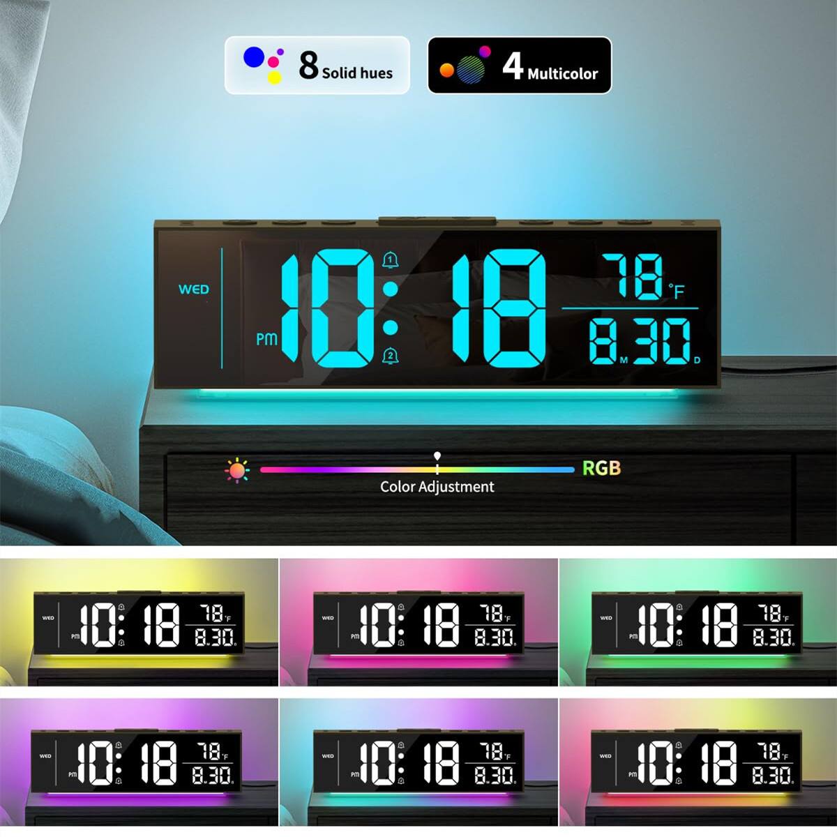 8 Solid hues  
4 Multicolor  

WED 10:18 PM  
78°F  
8:30  

Color Adjustment RGB  

10:18  
78°F  
8:30