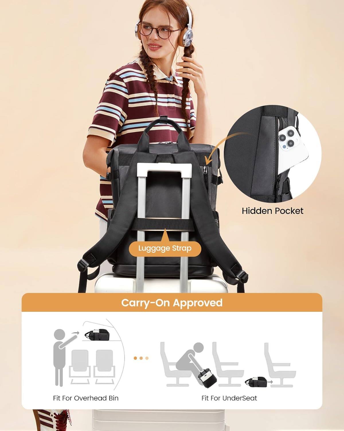 Hidden Pocket Luggage Strap  
Carry-On Approved  
Fit For Overhead Bin  
Fit For UnderSeat