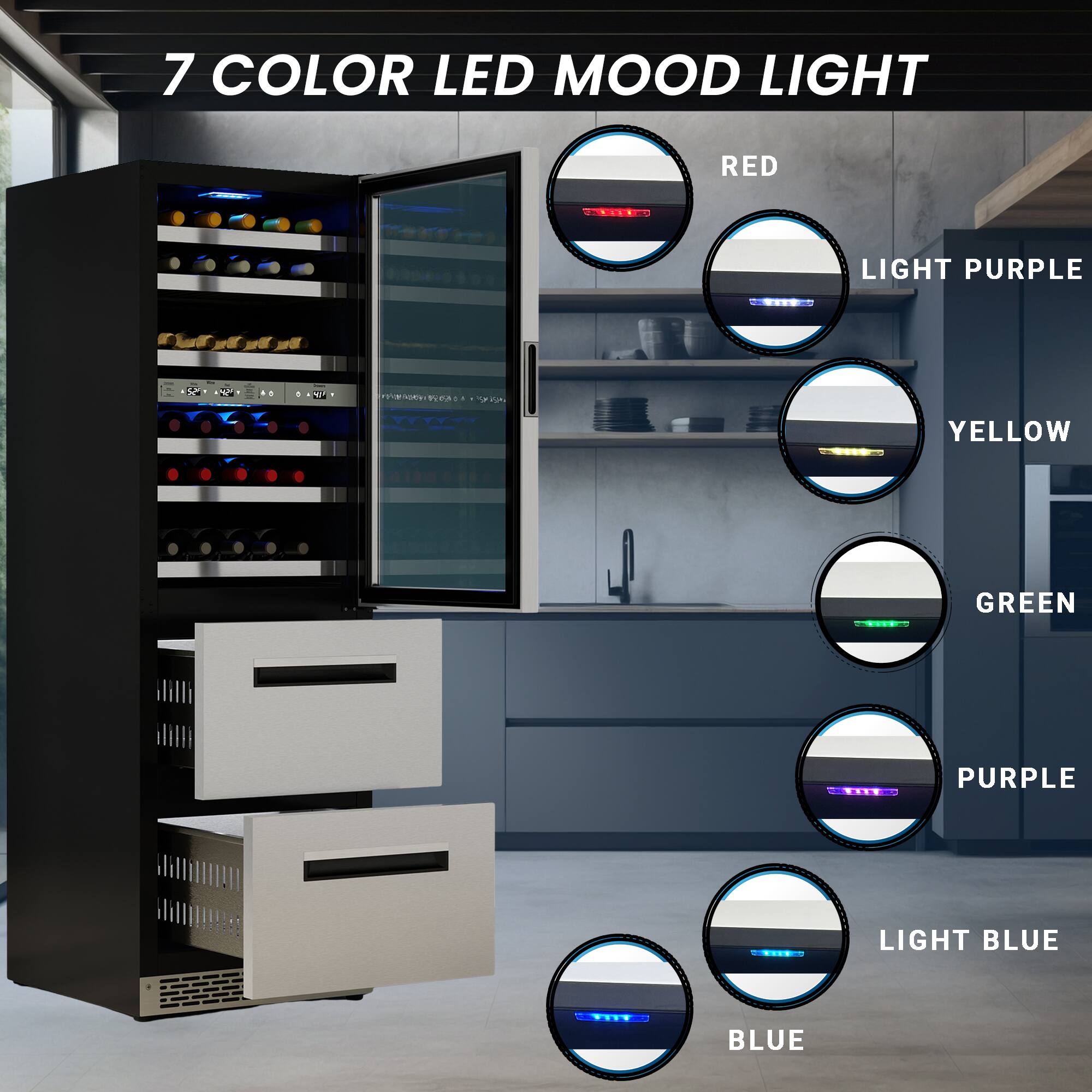 7 COLOR LED MOOD LIGHT

- RED
- LIGHT PURPLE
- YELLOW
- GREEN
- PURPLE
- LIGHT BLUE
- BLUE