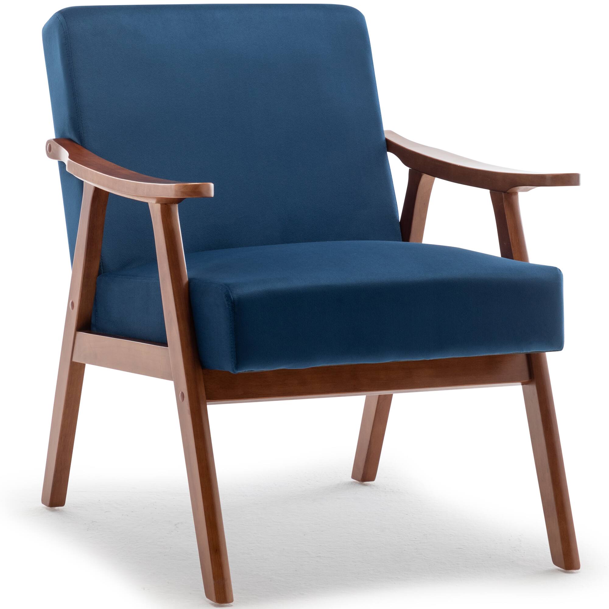 Angle. Trinkets Crazed - Accent Chair Mid Century Modern Armchair with Wood Legs Upholstered Lounge Chairs Comfy Cushion for Living Room Bedroom - Blue.