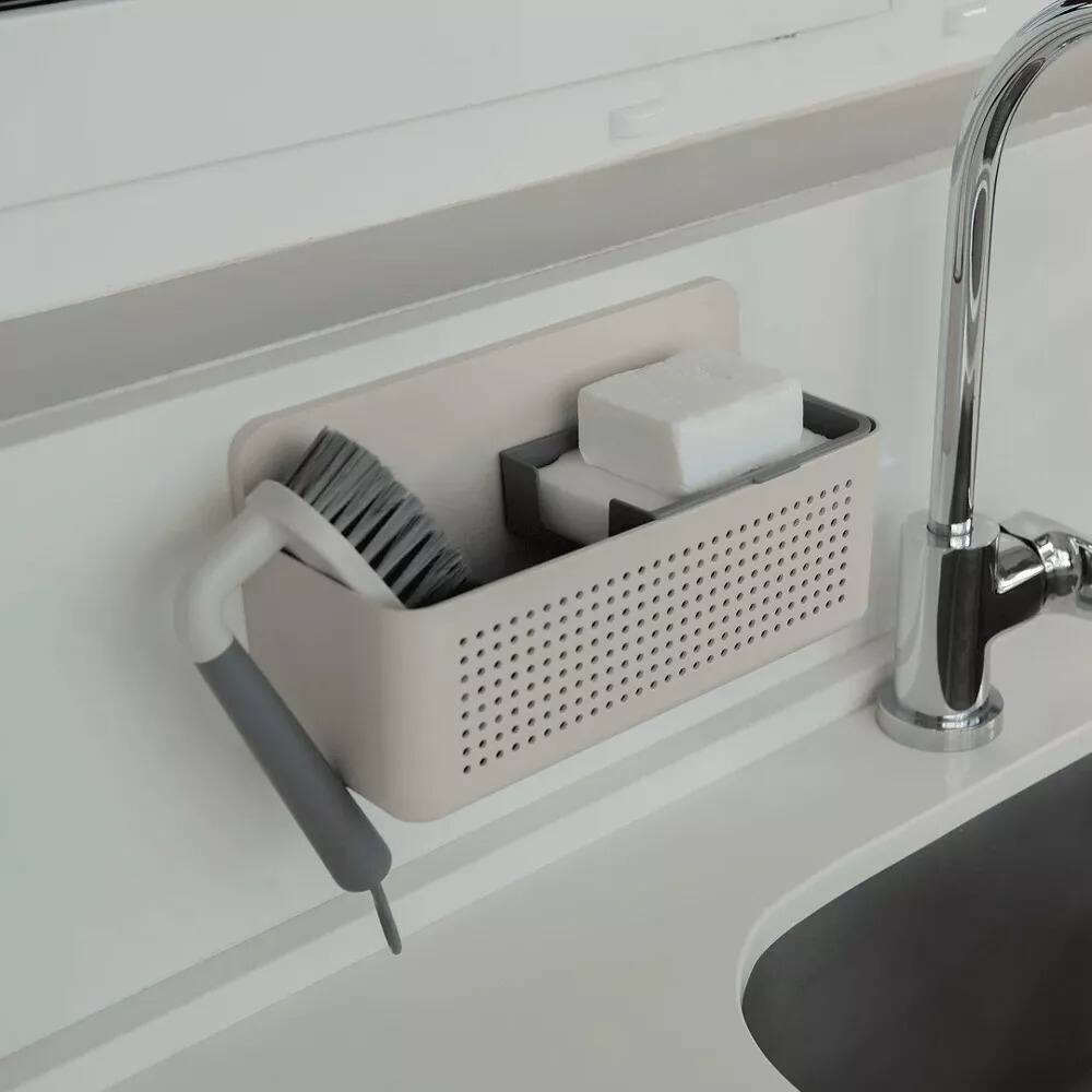 Back. OU - Hanging Sink Organizer, Self‑Adhesive Caddy with Removable Sponge Tray for Kitchen Storage - Beige.