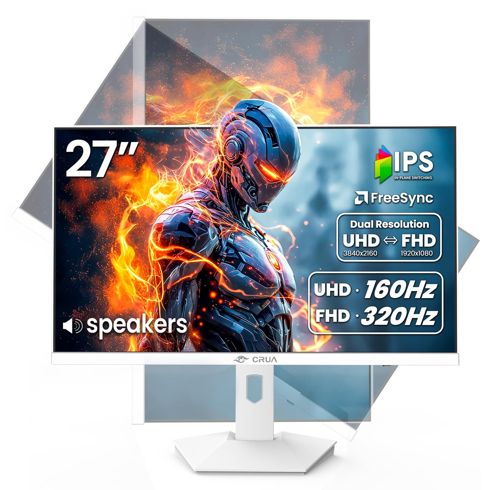 CRUA - 27” Gaming Monitor, UHD (3840x2160) Dual Mode (4K 160Hz or FHD 320Hz), 120% sRGB, Support FreeSync, Built-in Speakers, H