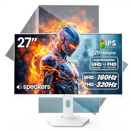 CRUA - 27” Gaming Monitor, UHD (3840x2160) Dual Mode (4K 160Hz or FHD 320Hz), 120% sRGB, Support FreeSync, Built-in Speakers, H