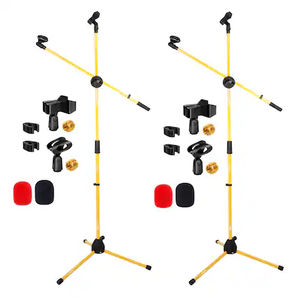 Front. 5 CORE - 5 Core Dual Microphone Stand 2 Pack, Adjustable Tripod Floor Stand with Boom Arm - Yellow.