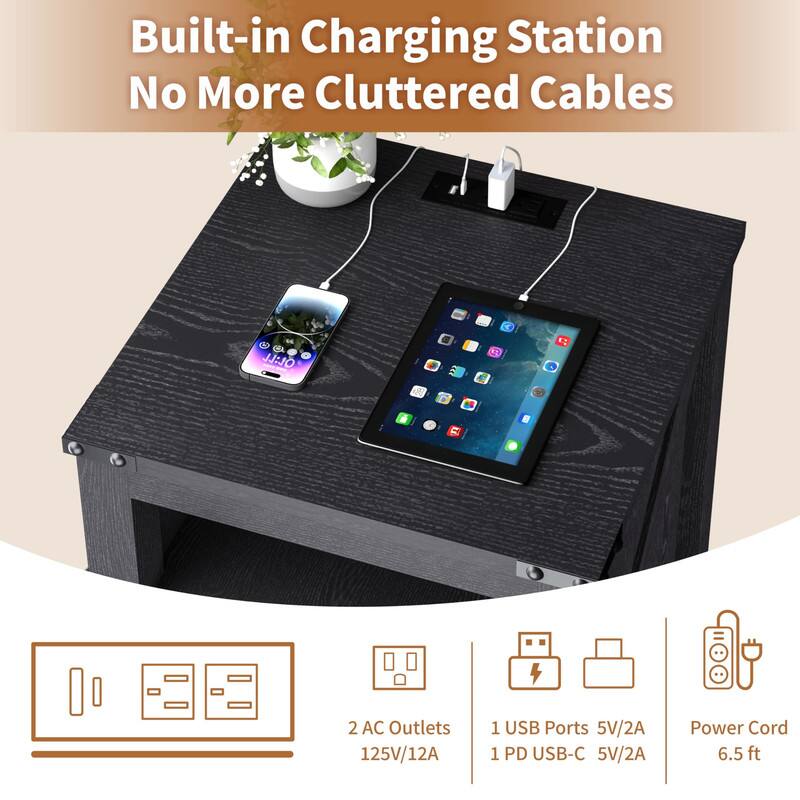Built-in Charging Station  
No More Cluttered Cables  

2 AC Outlets  
125V/12A  

1 USB Port  
5V/2A  

1 PD USB-C  
5V/2A  

Power Cord  
6.5 ft
