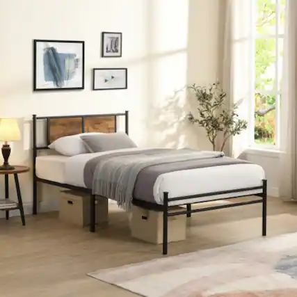 Front. LUCKY ONE - Twin XL Size Metal Bed Frame with Wood Panel Headboard, Steel Structure, No Box Spring Needed, 10.8in Under-Bed Storage - Black+Brown.