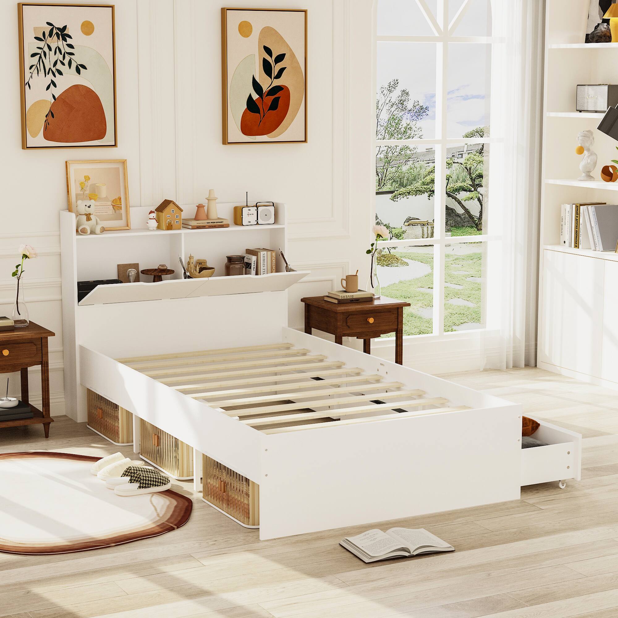Alt View 7. Famapy - Famapy Multifunctional Kids Bed with Storage Drawers & Headboard Space - Saving Slat Bed for Children's Bedroom - White.