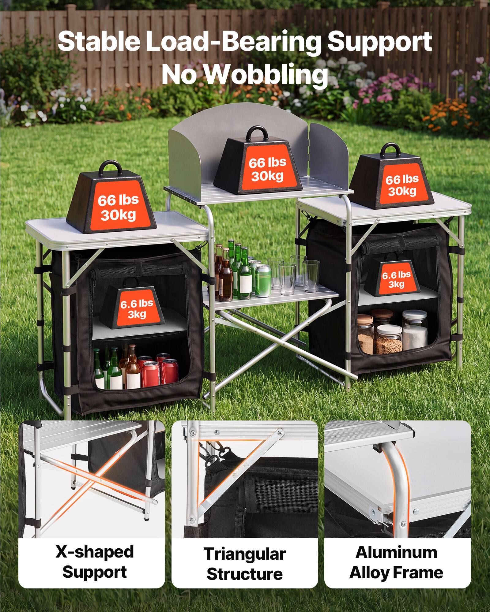 Stable Load-Bearing Support No Wobbling  
66 lbs 30kg  
6.6 lbs 3kg  
X-shaped Support  
Triangular Structure  
Aluminum Alloy Frame