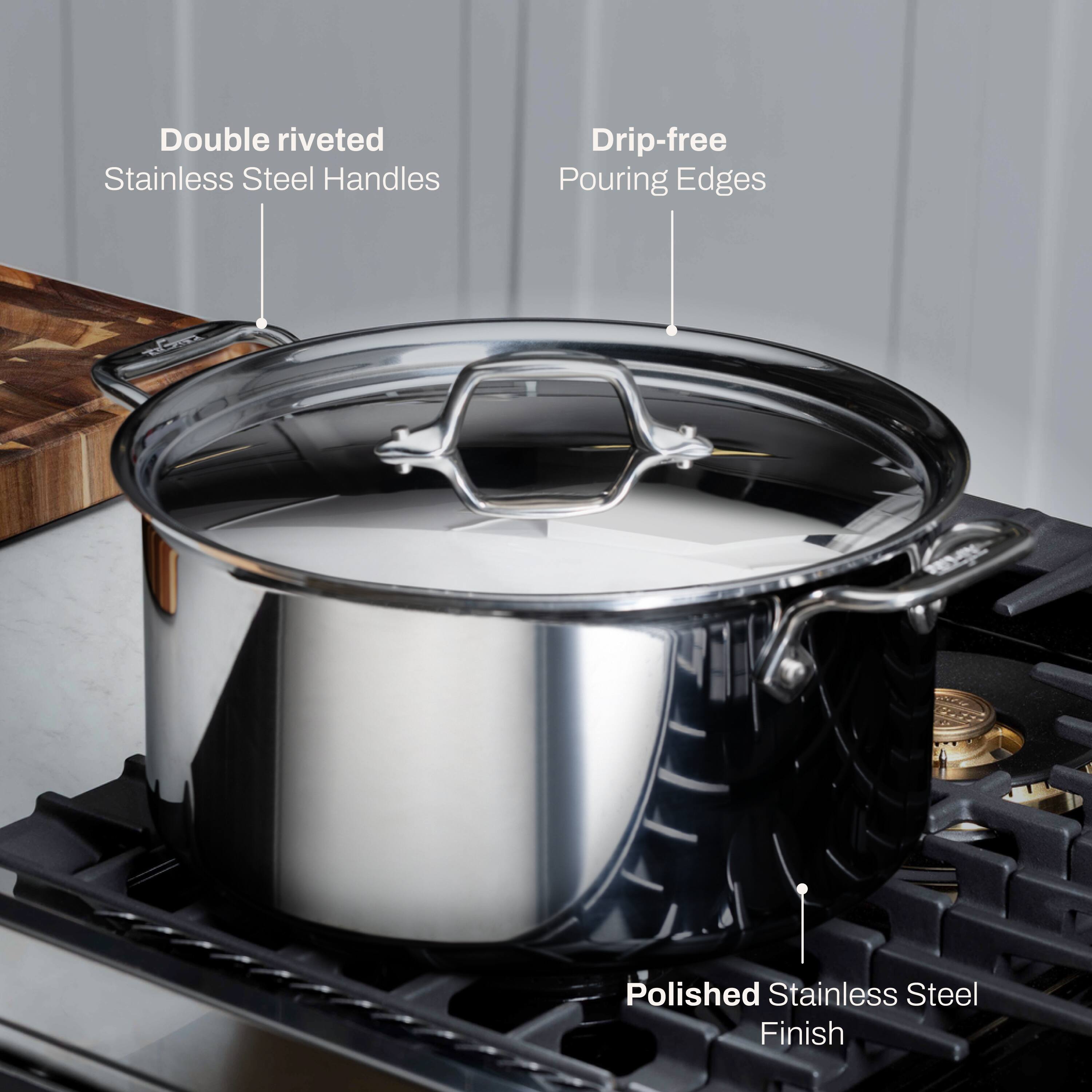 Double riveted Stainless Steel Handles  
Drip-free Pouring Edges  
Polished Stainless Steel Finish