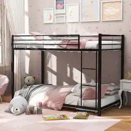 Gymax - Twin Over Twin Low Metal Bunk Bed with Ladder Guardrails for Teens Adults - Black