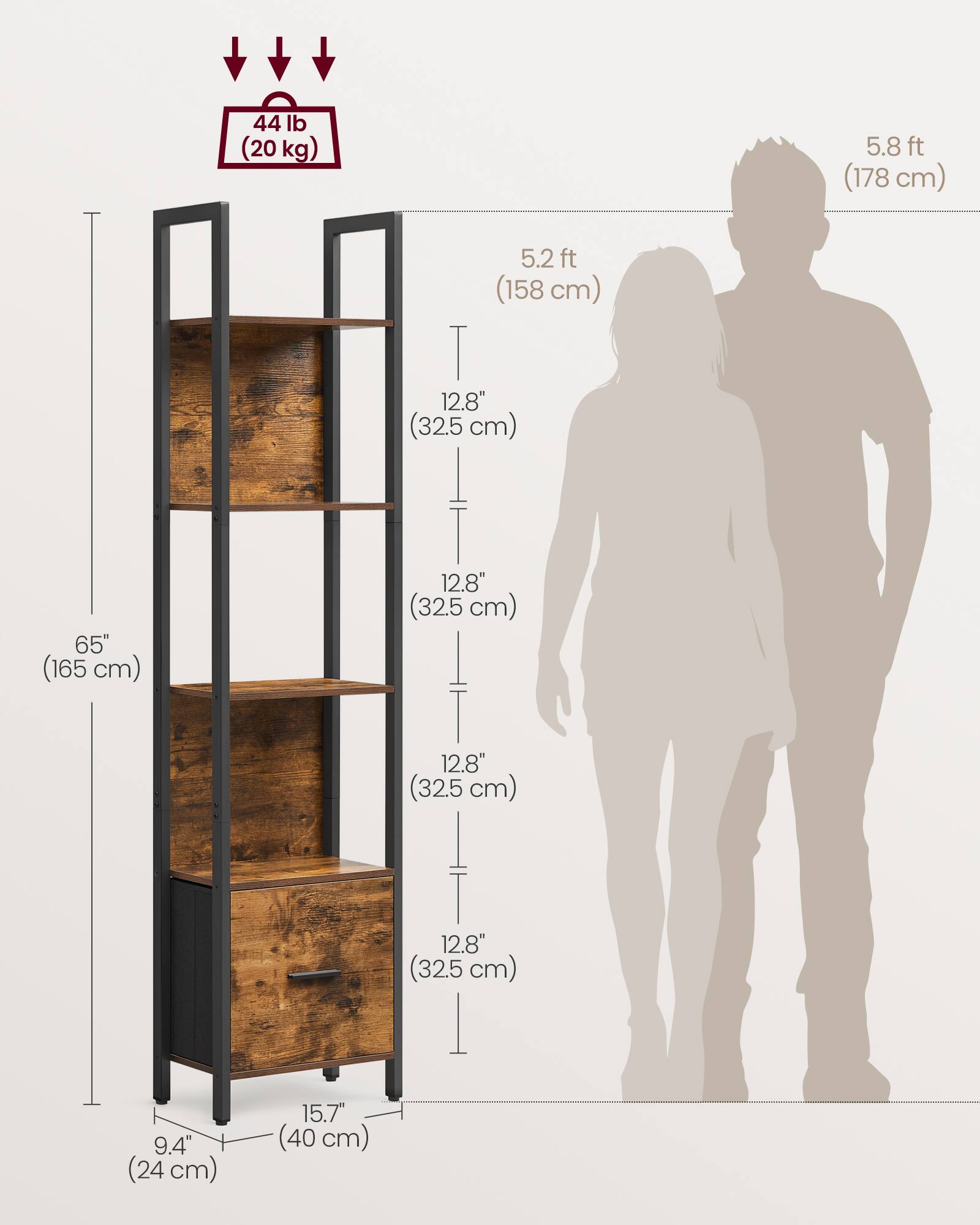44 lb (20 kg)  
5.8 ft (178 cm)  
65" (165 cm)  
5.2 ft (158 cm)  
12.8" (32.5 cm)  
12.8" (32.5 cm)  
12.8" (32.5 cm)  
12.8" (32.5 cm)  
9.4" (24 cm)  
15.7" (40 cm)