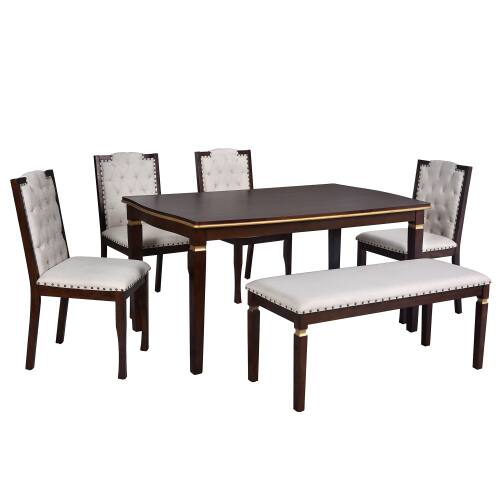 Alt View 3. LUCKY ONE - 6-Piece Dining Set with 60" Rectangular Dining Table, Bench and 4 Tufted Chairs - Espresso.