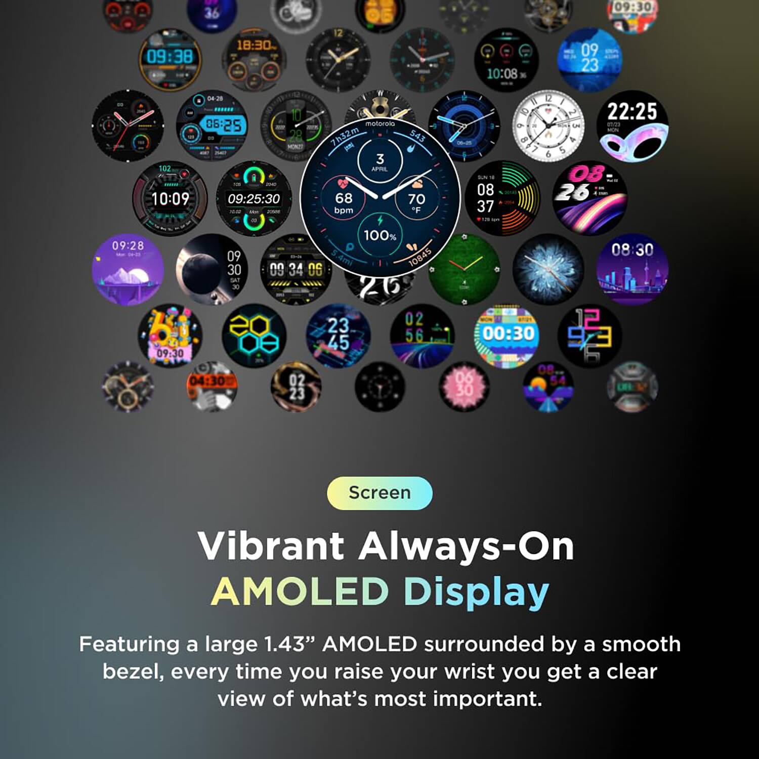 36 09:38 18:30 12 10:08 09:30 09 23 0420 06:25 102 - - 10:09 09:25:30 motorola 7h32m S43 I 3 APFIL 68 70 bpm F 08 37 6 - D LA 22:25 Ls em 6 5 08 26 09:28 09 30 SAT 30 09:30 04:30 100% 10845 09 34 06 21 23 02 45 56 02 23 08:30 12 00:30 9/3 08 06 54 30

Screen Vibrant Always-On AMOLED Display

Featuring a large 1.43" AMOLED surrounded by a smooth bezel, every time you raise your wrist you get a clear view of what's most important.