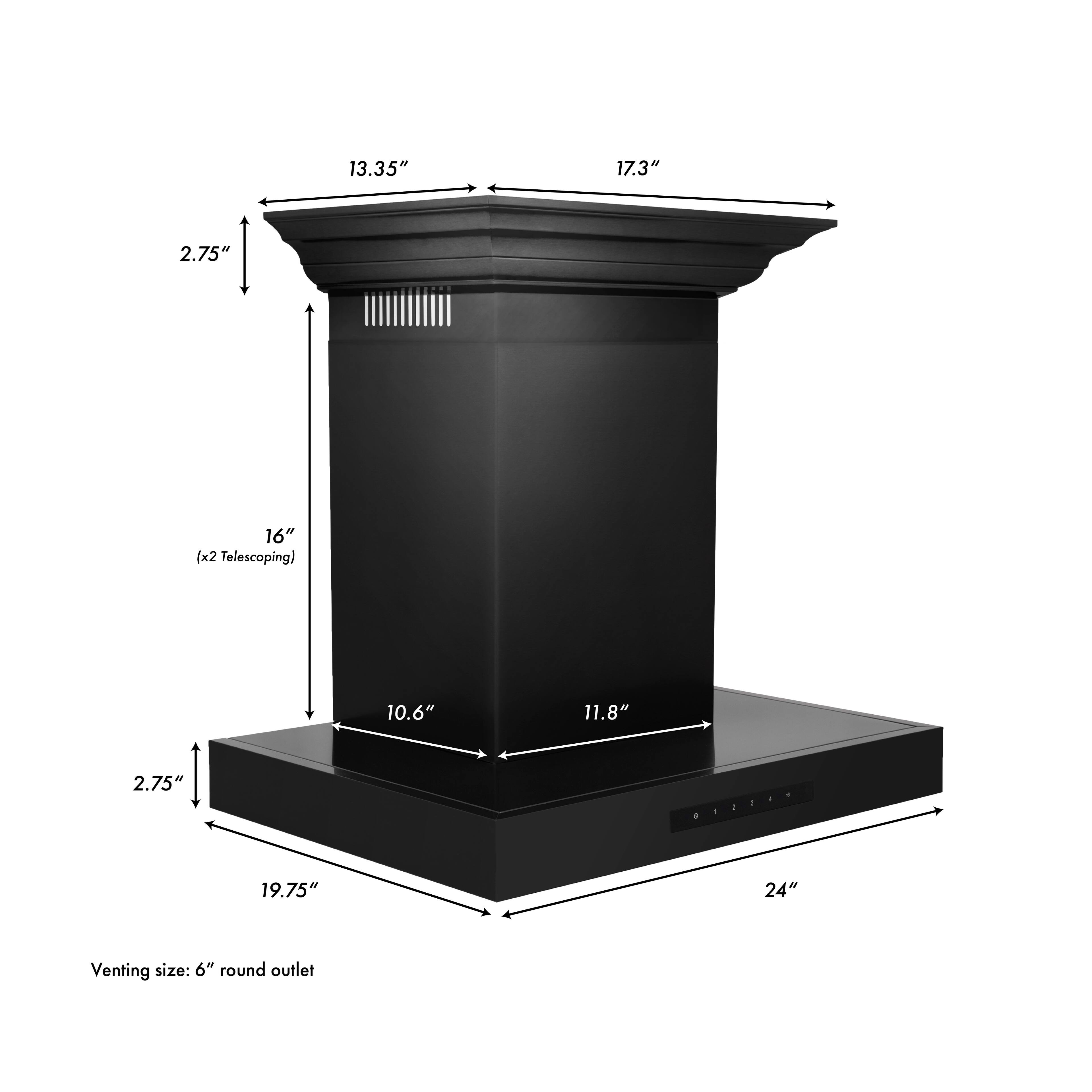 13.35" 17.3" 2.75" 16" x2 Telescoping) 10.6" 11.8" 2.75" ..... 19.75" 24" Venting size: 6" round outlet