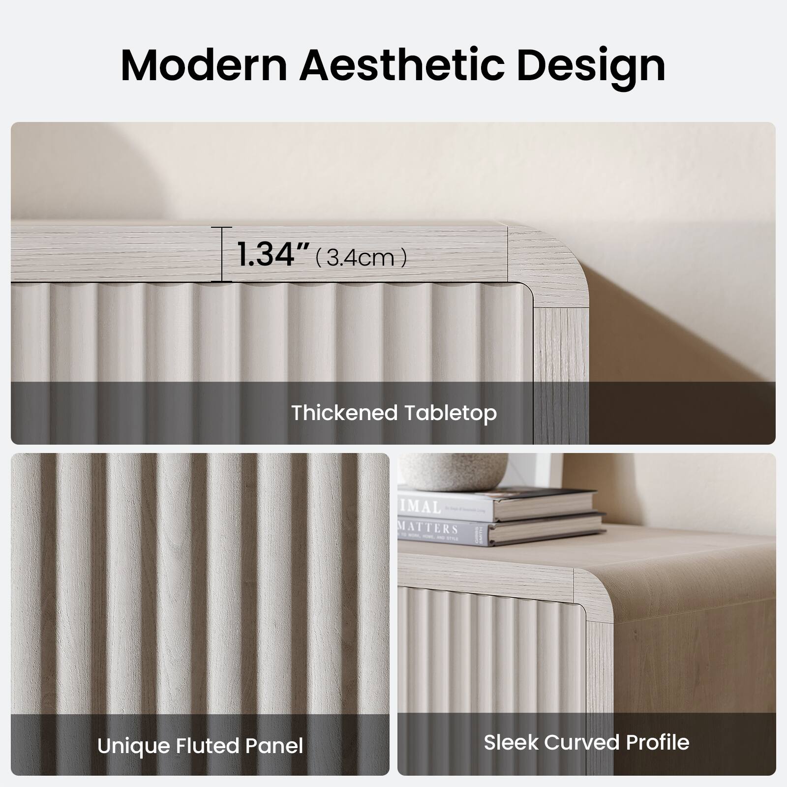 Modern Aesthetic Design

1.34" (3.4cm) Thickened Tabletop

Unique Fluted Panel

Sleek Curved Profile